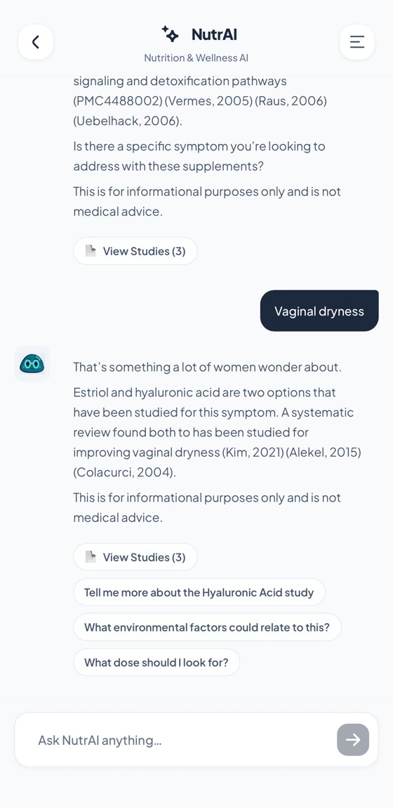 Ask NutrAI chat answering with cited studies