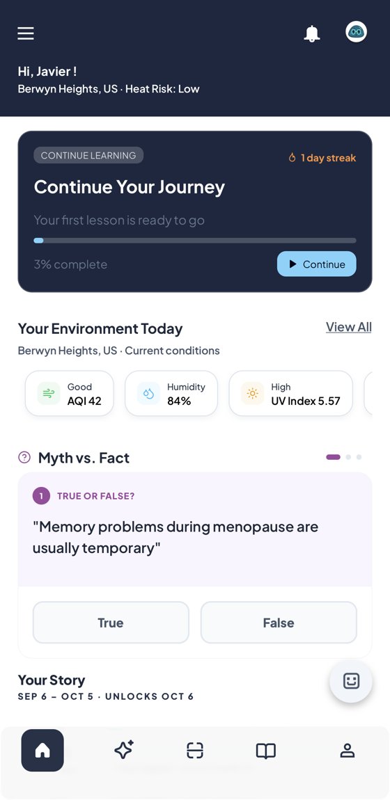 NutrAI home screen with today's environment and Myth vs. Fact